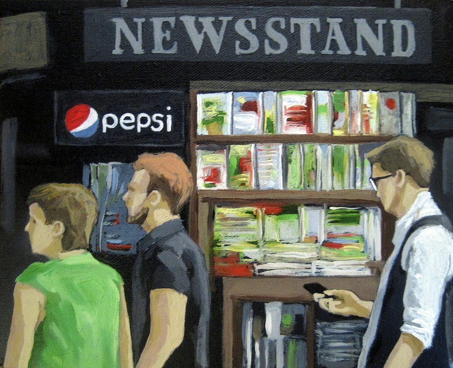 City Newsstand - people on the street painting Painting by Linda Apple