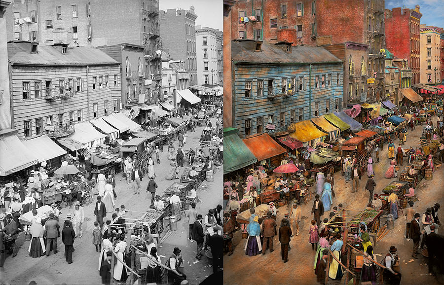 New York City Photograph - City - NY - Jewish market on the East Side 1890 Side by Side by Mike Savad
