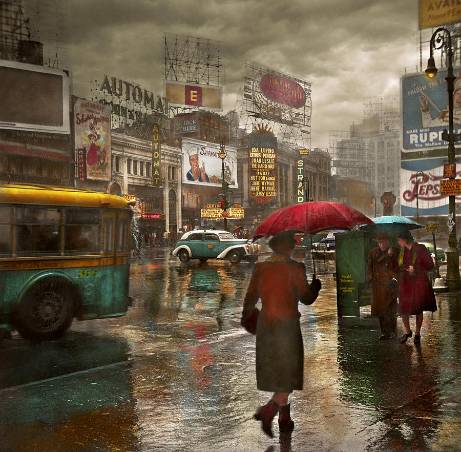 New York City Photograph - City - NY - Times Square on a rainy day 1943 by Mike Savad