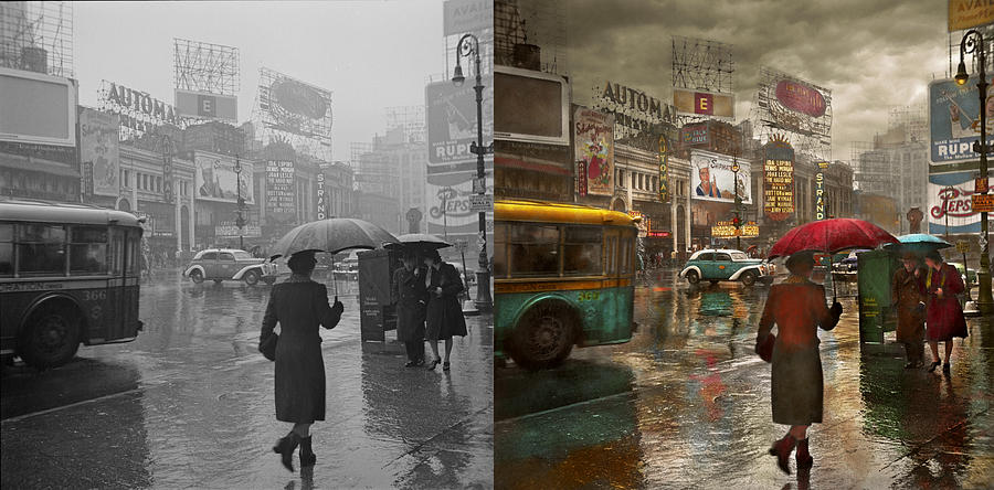 New York City Photograph - City - NY - Times Square on a rainy day 1943 Side by Side by Mike Savad