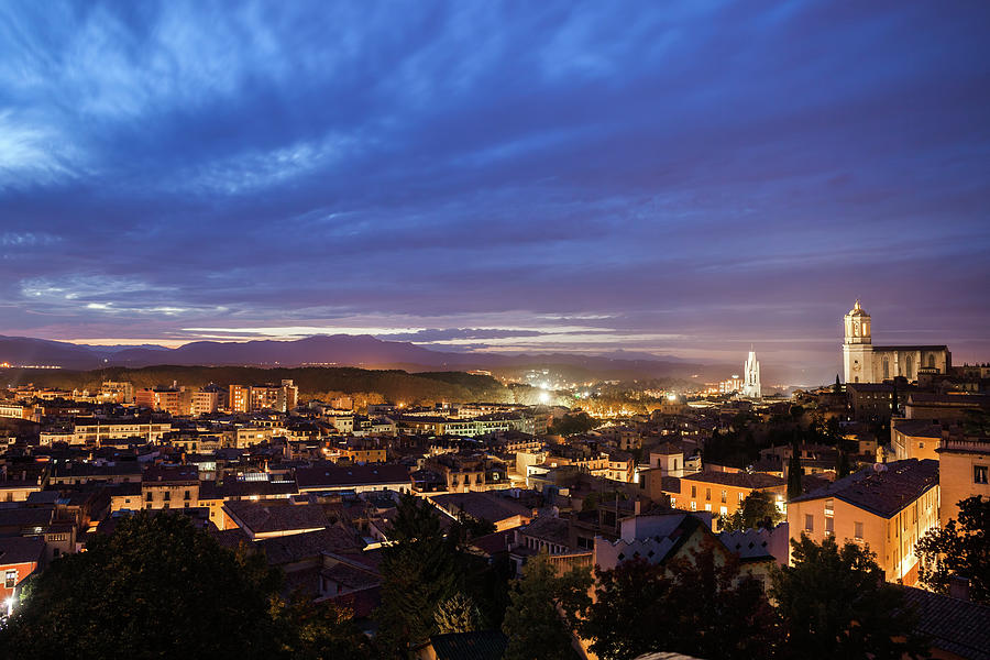 City Photograph - City of Girona Twilight Cityscape by Artur Bogacki