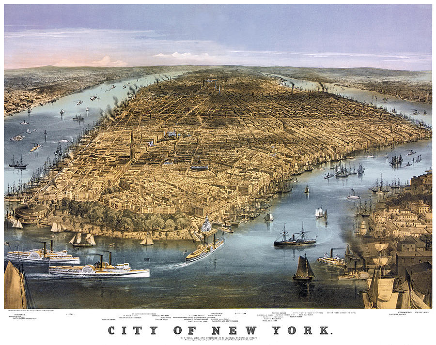City of New York N Currier 1856 Birds Eye View Antique Map Print Painting by Orchard Arts