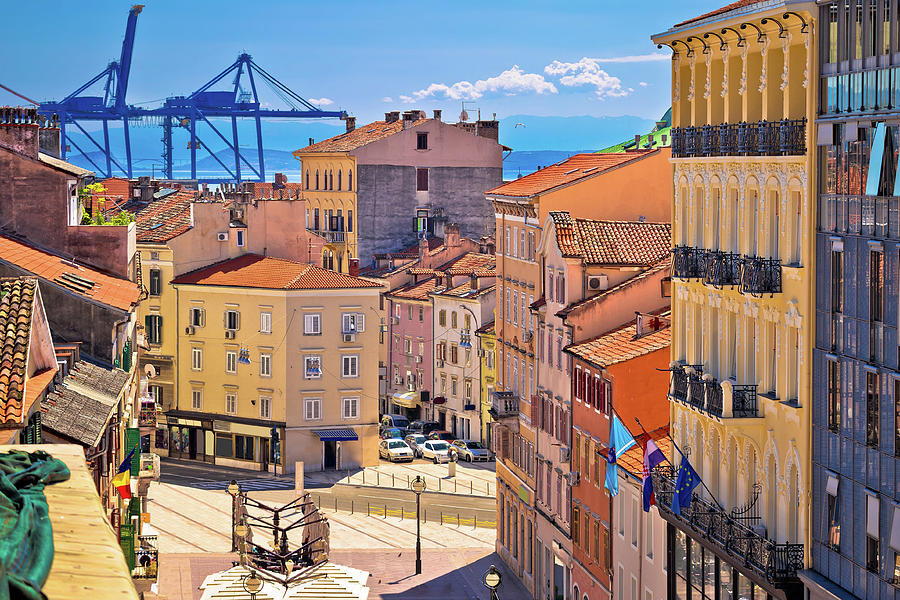 City of Rijeka Korzo square and harbour cranes aerial view Photograph by Brch Photography