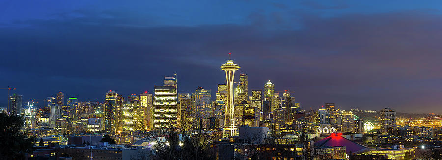 City of Seattle during Evening Blue Hour Panorama Photograph by David Gn