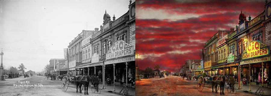 City - Palmerston North NZ - The shopping district 1908 - Side by Side Photograph by Mike Savad