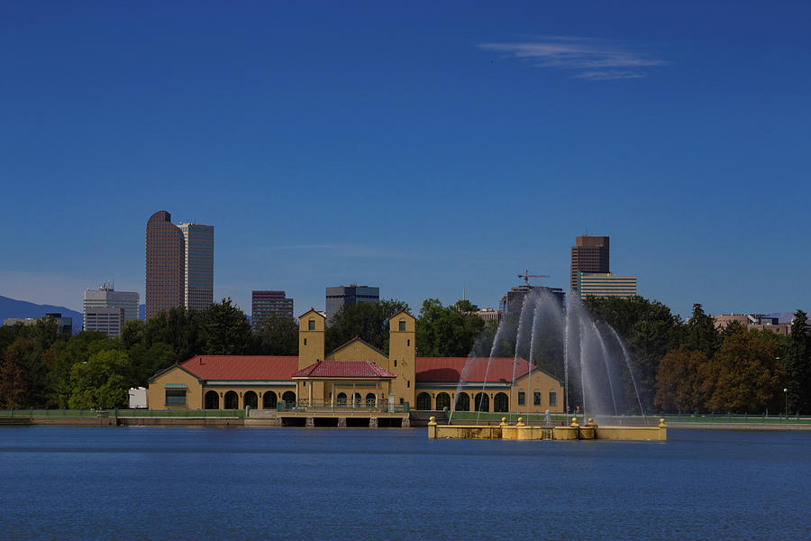 City Park Boat House and Fountain with Downtown Denver Skyline in the Summer Photograph by Bridget Calip