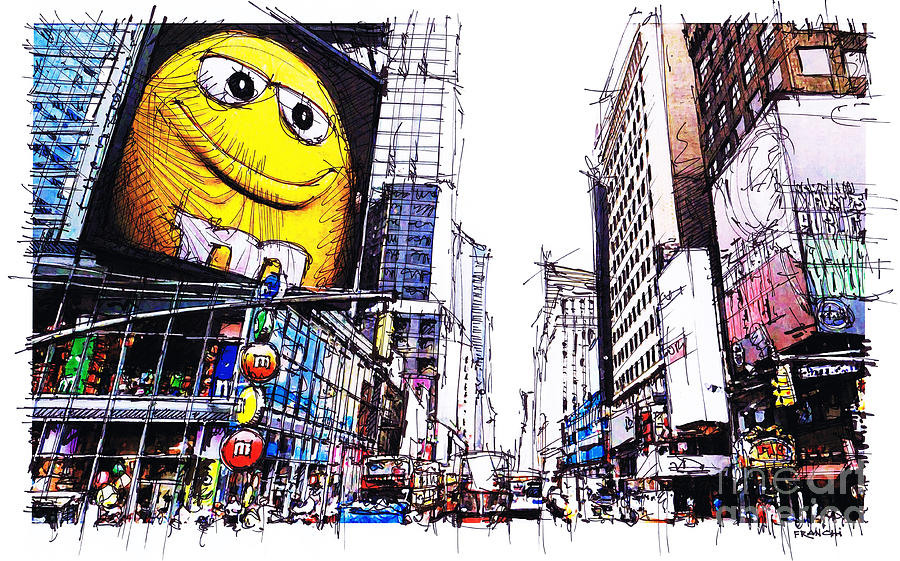 City sketch, 7th Ave Broadway Manhattan, Yellow MM Drawing by Drawspots