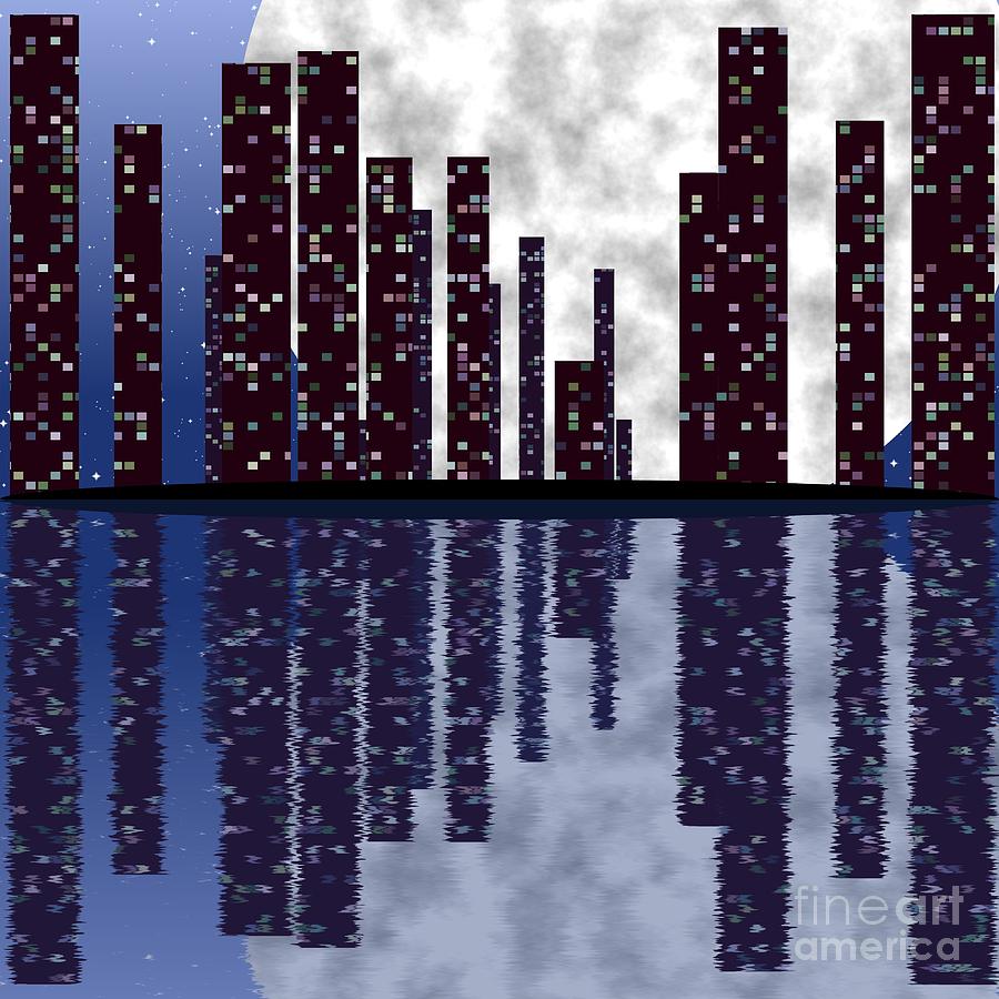 City Skyline At Full Mooncity Skyline With Fullmoon Digital Art