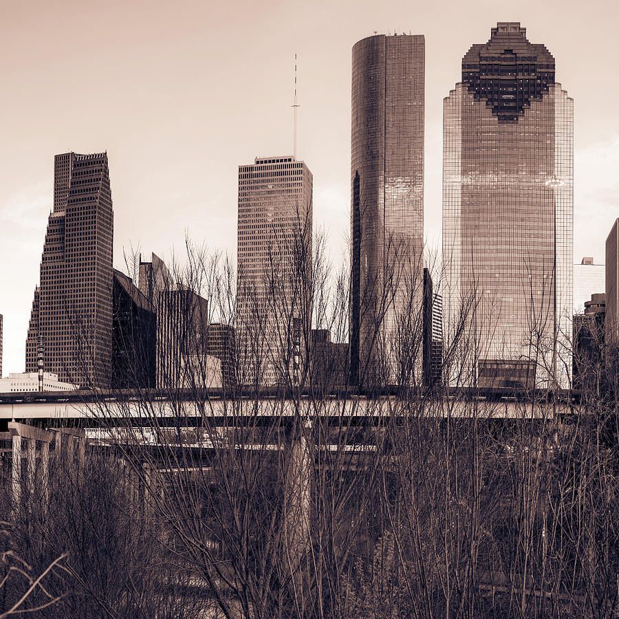 City Skyline Downtown Houston in Sepia 1x1 Photograph by Gregory Ballos
