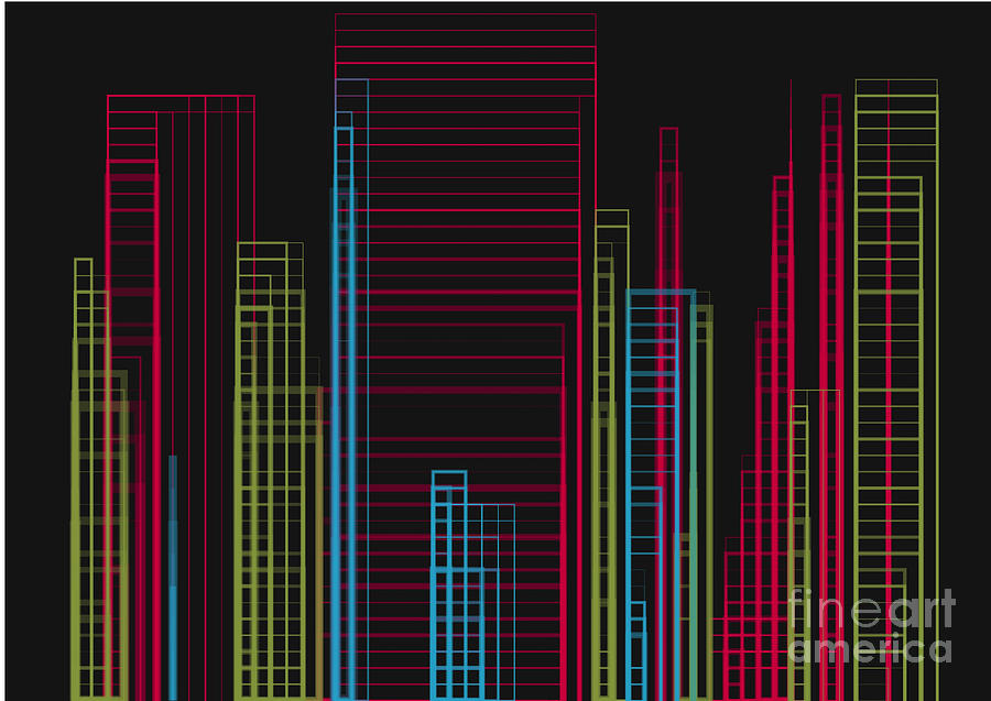 City Scape Buildings in a Grid Design on a Black Background Digital Art by Barefoot Bodeez Art