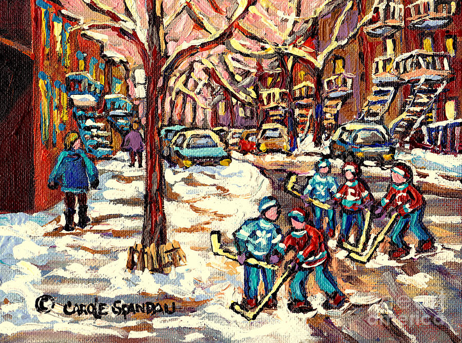 City Streets Of Montreal Winter Hockey Scene After The Snowfall Original Canadian Art Carole Spandau Painting by Carole Spandau