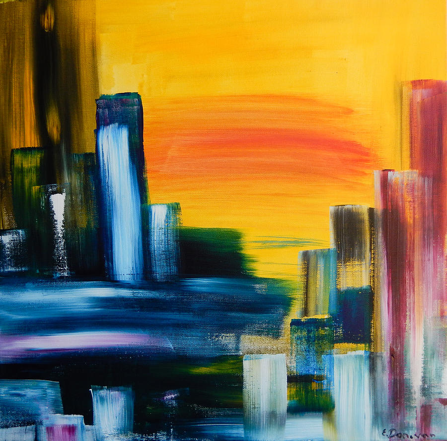Skyscraper Painting - City Sunrise Contemporary Abstract Cityscape by Eliza Donovan