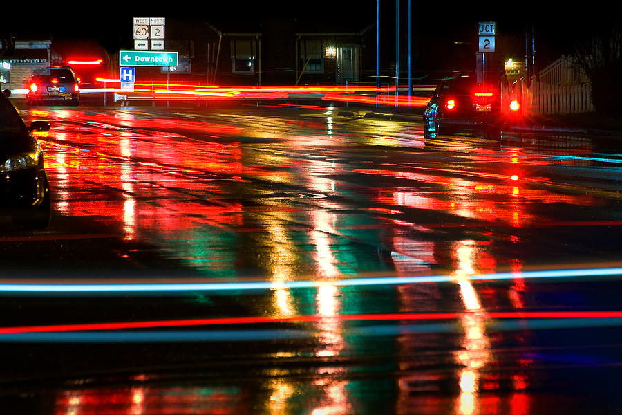 city night lights rain