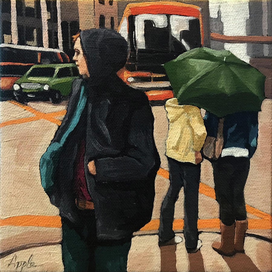 Rainy Day Walk - women in city Painting by Linda Apple