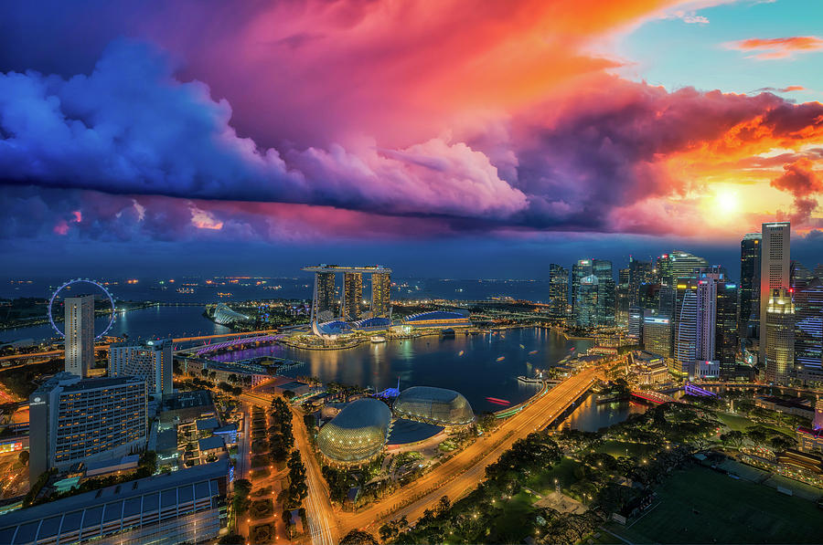 Cityscape at night of Singapore city  Photograph by Anek Suwannaphoom