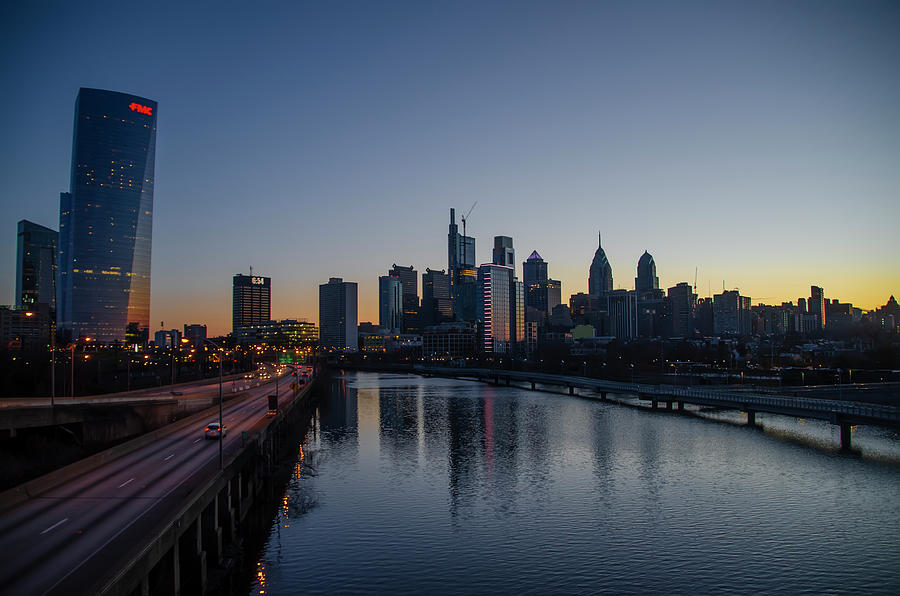 Cityscape from South Street Bridge at Sunrise - Philadelphia Photograph by Bill Cannon