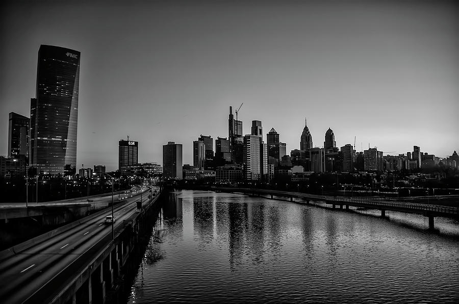 Cityscape from South Street Bridge in Black and White - Philadel Photograph by Bill Cannon