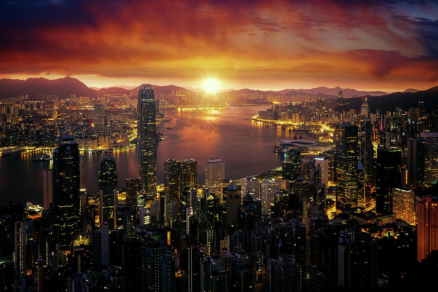 Cityscape of Marning sunrise and Hong kong city fron Victoria pe Photograph by Anek Suwannaphoom