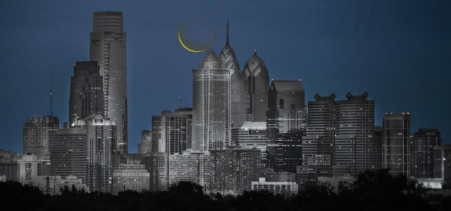 Cityscape - Philadelphia Pa- Cresent Moon - Selective Color Photograph by Bill Cannon