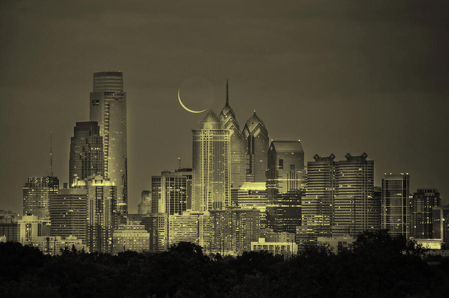 Cityscape - Philadelphia Pennsylvania- Cresent Moon in Sepia Photograph by Bill Cannon