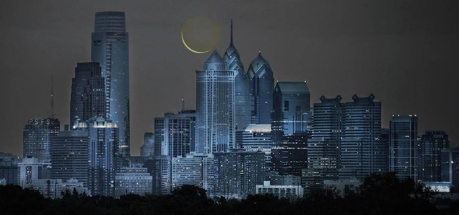 Cityscape - Philadelphia with Cresent Moon Photograph by Bill Cannon