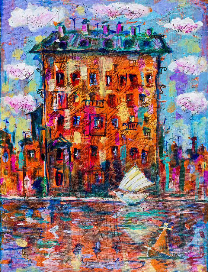 Cityscape with a sailing boat Painting by Maxim Komissarchik