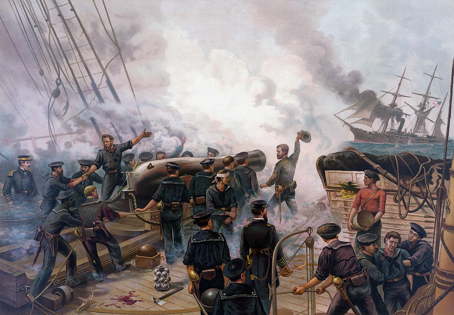 Civil War Painting - Civil War Naval Battle - Kearsarge And Alabama  by War Is Hell Store