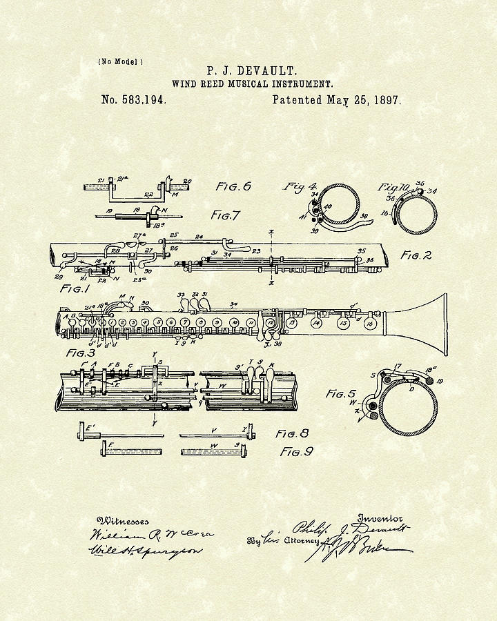 Clarinet 1897 Patent Art  Drawing by Prior Art Design