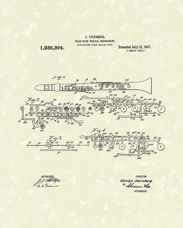 Clarinet 1917 Patent Art Drawing by Prior Art Design