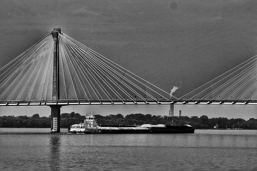 Clark Bridge and Barges in Black And White  Photograph by Buck Buchanan