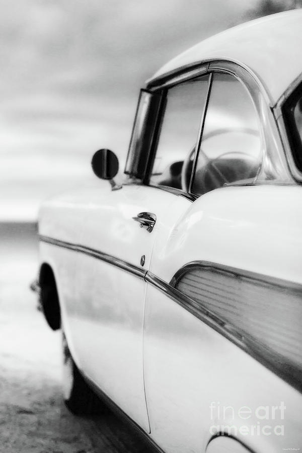 Transportation Photograph - Classic 57 Chevy Bel Air at the Beach Black and White by Edward Fielding