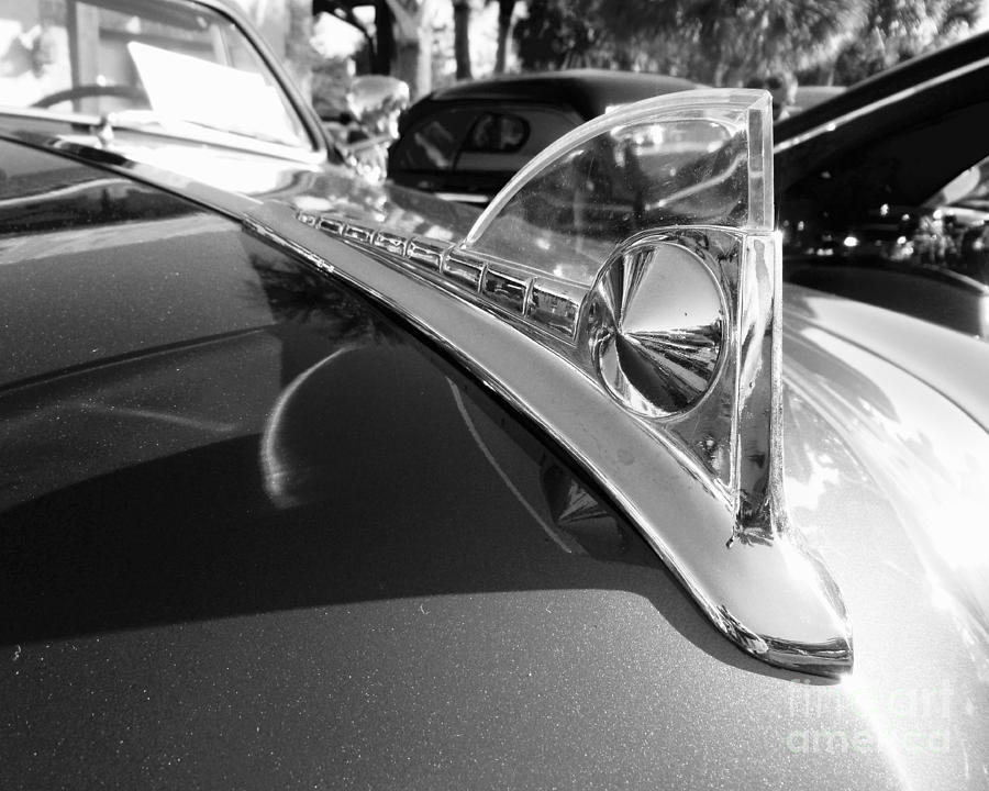 Classic Cars - 1950 Ford Custom Coupe - Hood Ornament black and white Photograph by Jason Freedman