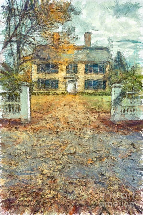 Fall Photograph - Classic Colonial Home in Autumn Pencil by Edward Fielding