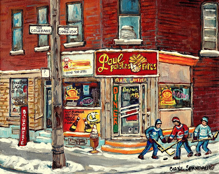Pointe St Charles Painting - Classic Corner Diner Montreal Memories Winter City Scene Hockey Art Canadian Painting Carole Spandau by Carole Spandau