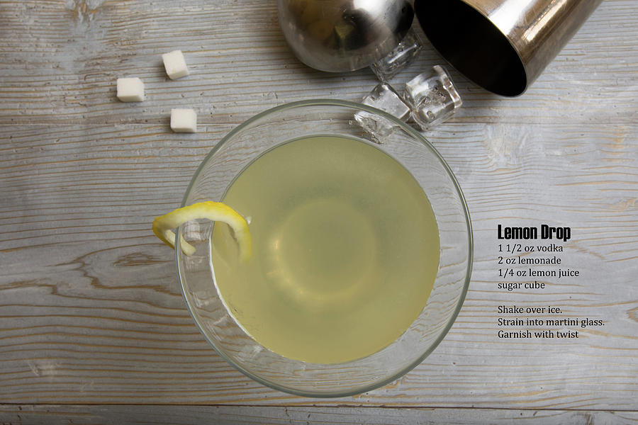 Classic Lemon Drop Martini Cocktail With Shaker And Recipe Photograph