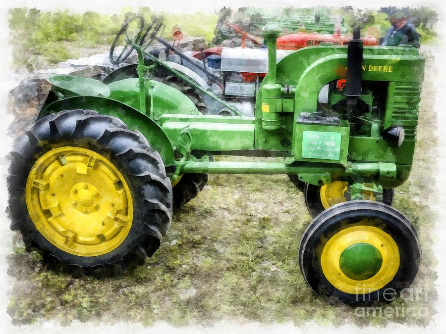 Classic Old Green Vintage Farm Tractor Watercolor Digital Art by Edward Fielding