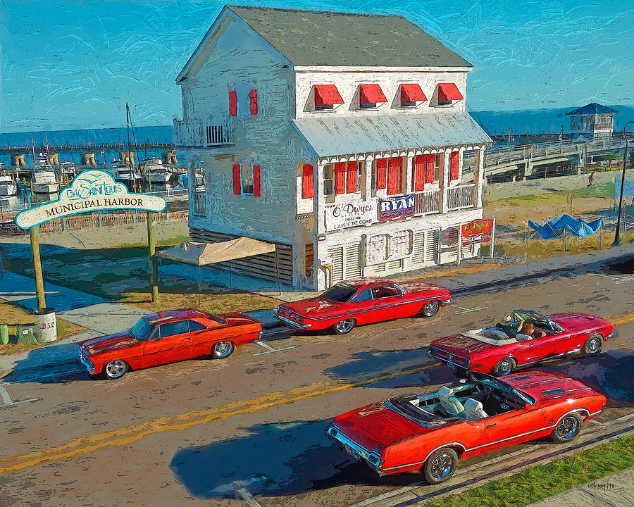 Classic Red Cars Bay St. Louis Boat Harbor Digital Art by Rebecca Korpita