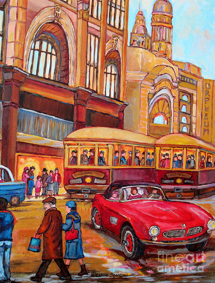 Classic Red Convertible Downtown Montreal Vintage 1946 Scene Canadian Painting Carole Spandau        Painting by Carole Spandau