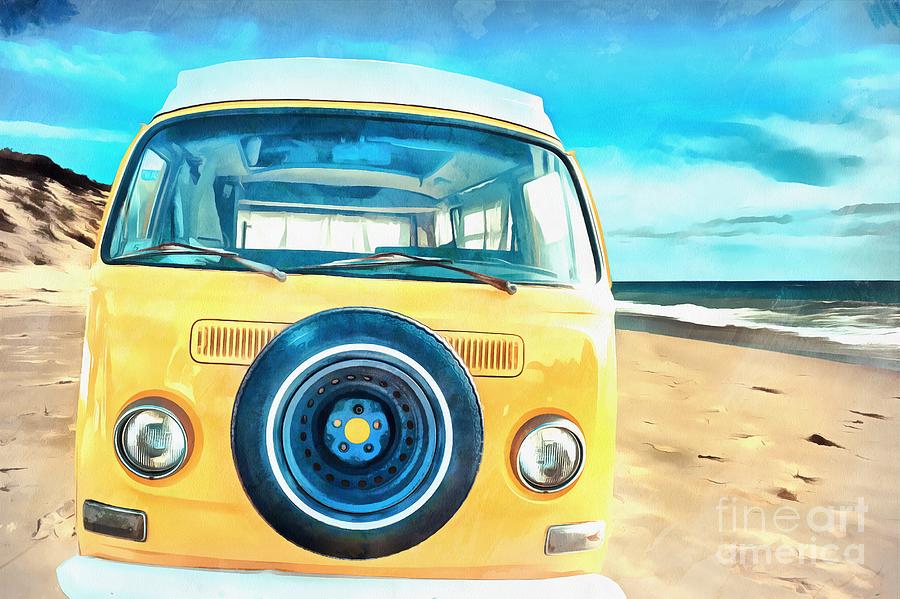 Classic VW Camper on the Beach Painting by Edward Fielding
