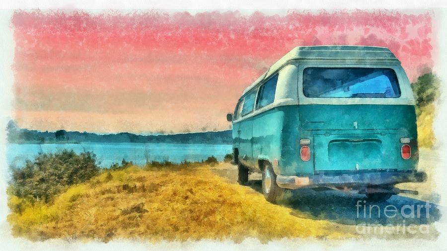 Classic VW Van Surfer Bus at Sunset Watercolor Digital Art by Edward Fielding