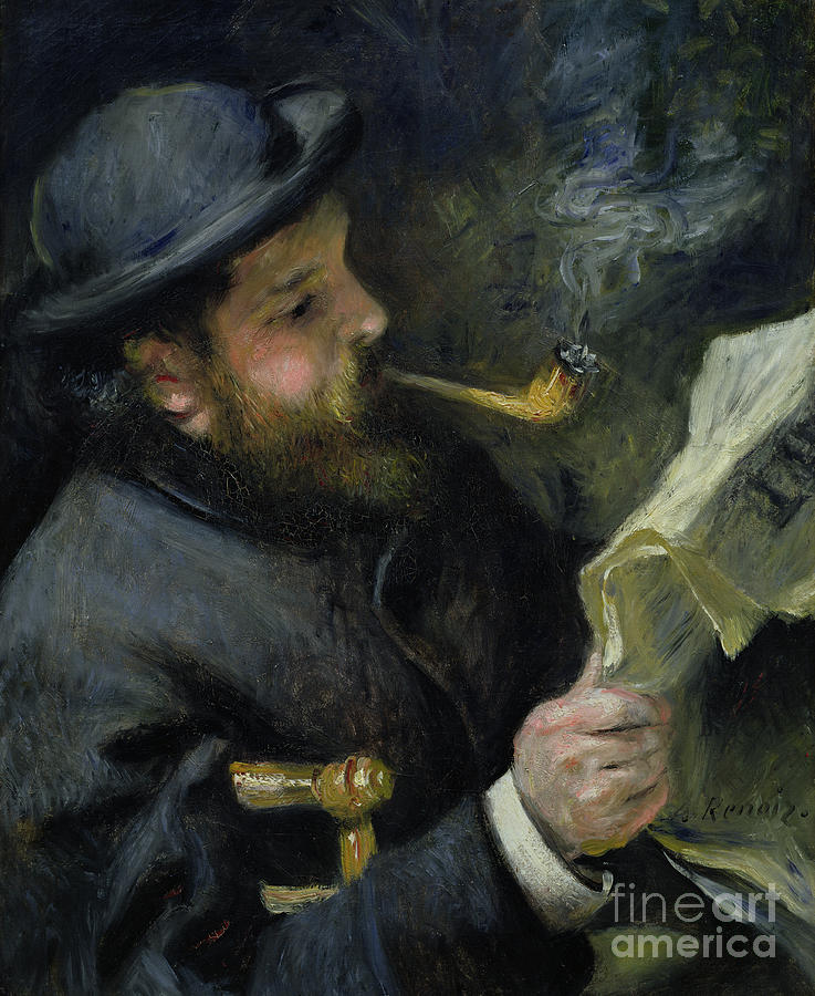 Claude Monet reading a newspaper Painting by Pierre Auguste Renoir