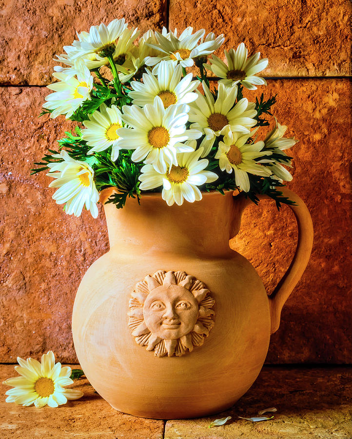 Clay Pitcher With Daises Photograph by Garry Gay