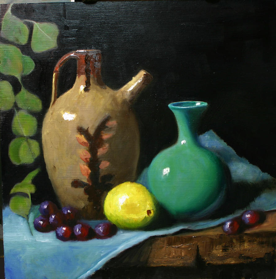 Clay Pot With Spout And Green Bottle Painting by Keith Nolan - Fine Art ...