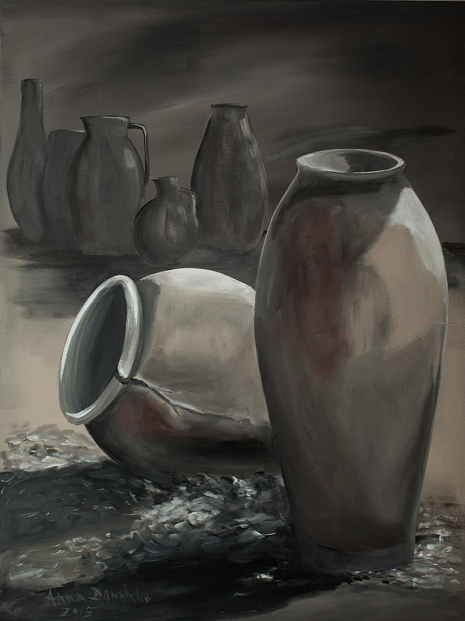 Still Life Painting - Clay Pots Gray 1 by Anna Donahue