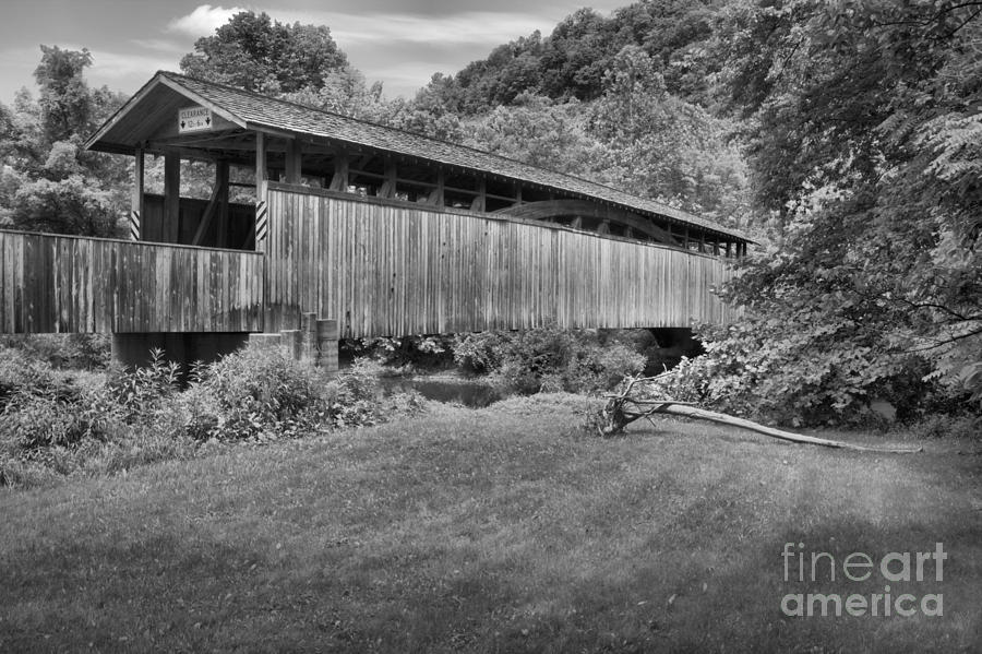 Claycomb Covered Bridge In A Sea Of Green Black And White Photograph by Adam Jewell