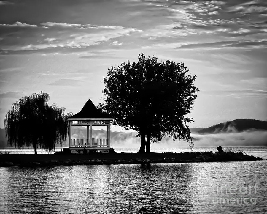 Claytor Lake Gazebo - Black and White Photograph by Kerri Farley