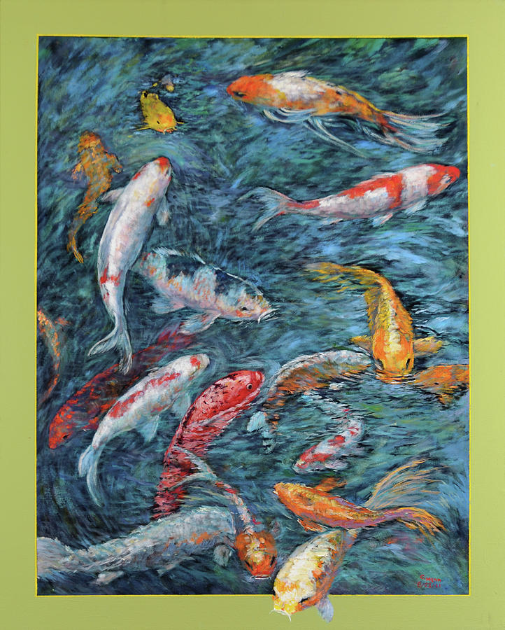 Clear Creek Koi with painted on mat Painting by Charles Munn