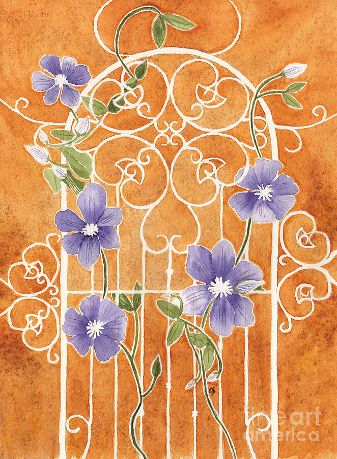 Clematis on Wrought Iron Trellis Painting by Conni Schaftenaar
