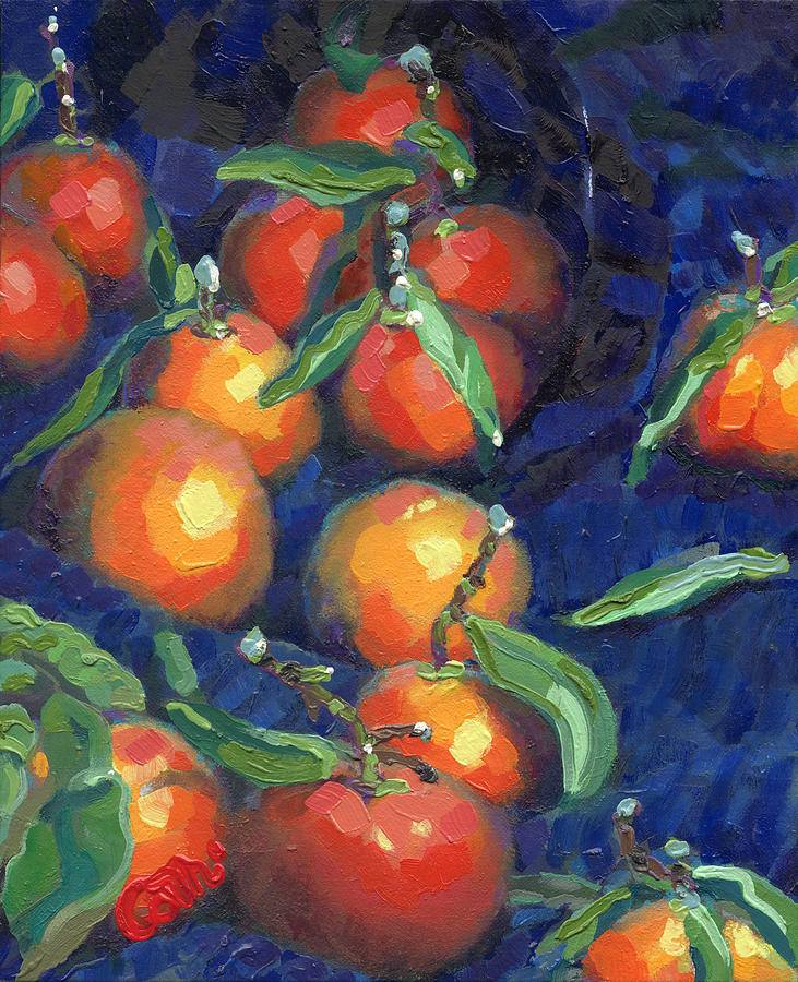 Clementine Painting - Clementines Glass and Blue Cloth by Catherine Considine