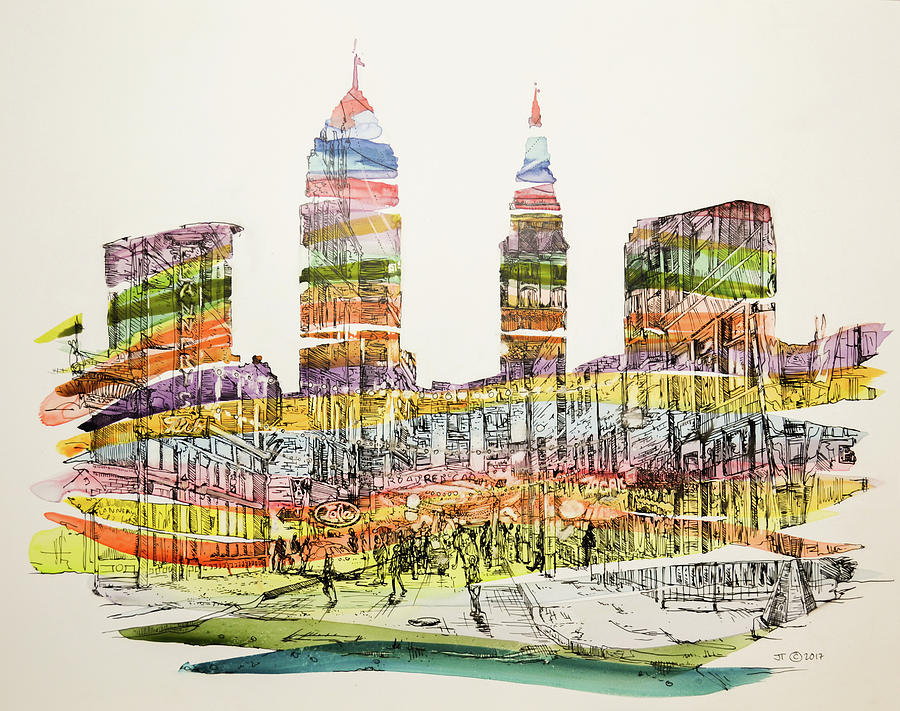 Cleveland Painting - Cleveland Cityscape by Jo Tomsick